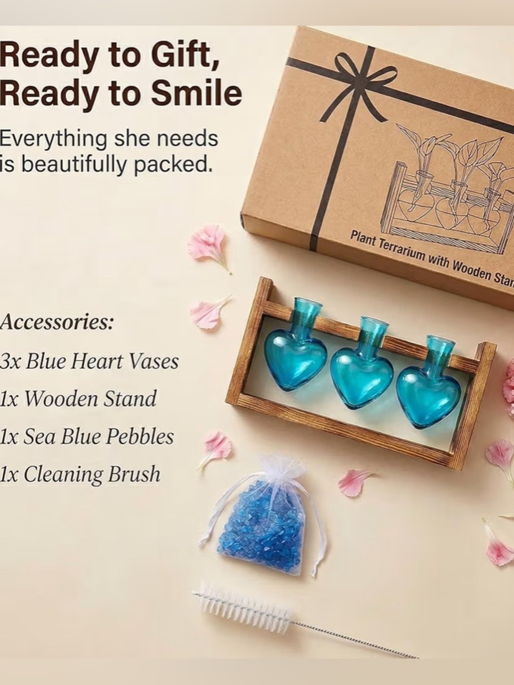 Turquoise Heart Glass Bud Vases with Wooden Frame - Set of 3 - Picture 2 of 4